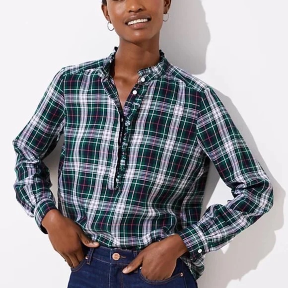 LOFT | Plaid Ruffle Utility Henley Green Blouse Size Large - Picture 1 of 5